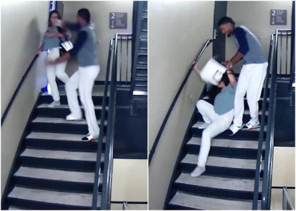 人渣！黑人球员楼梯暴打白人女友被监控视频拍下，直接遭球队开除