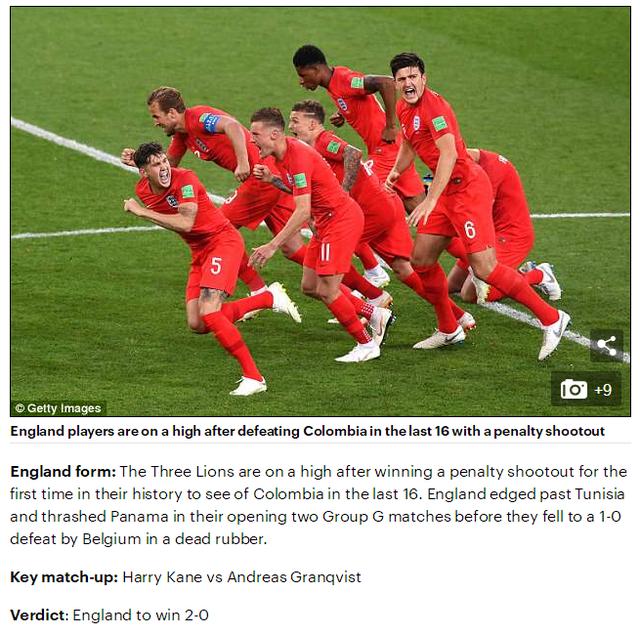 英媒发出毒奶：英格兰下轮将2-0胜瑞典 携巴西法国克罗地亚进四强